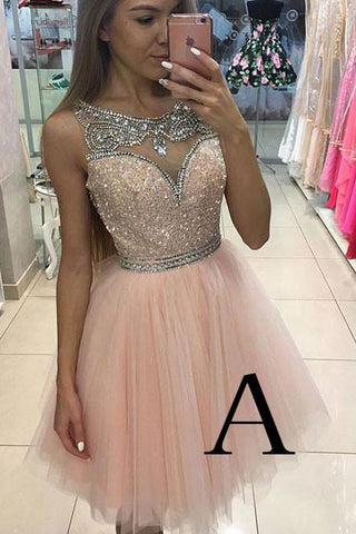 Cute Round Neck Pink Tulle Short Prom/Homecoming Dress with Beading JS95