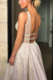 Elegant Sparkly V Neck Open Back Sequin Shiny Long Sleeveless Prom Dresses JS105
