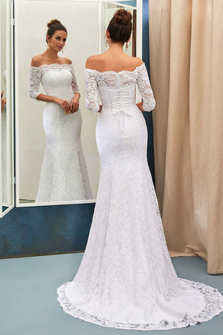 Mermaid Off-the-Shoulder Lace Sweep Train 3/4 Sleeve Lace Wedding Dresses