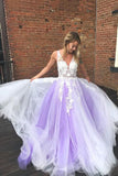 3D Floral Appliques Tulle V Neck Lavender Prom Dresses Princess Evening Dresses