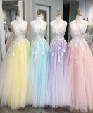3D Floral Appliques Tulle V Neck Lavender Prom Dresses Princess Evening Dresses
