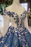 Gorgeous Ball Gown Sheer Neck Long Sleeves Lace up Sequins Appliques Quinceanera Dresses JS970