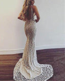 Gorgeous Deep V-Neck Spaghetti Straps Sleeveless Mermaid Long Prom Dresses JS768