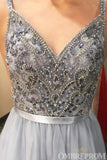 Gorgeous Spaghetti Straps V Neck Tulle A Line Prom Dresses with Beading