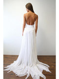 Beach Simple Casual White A-line V Neck Spaghetti Straps Wedding Dress