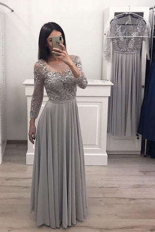 Gray Long Sleeve Chiffon Long Prom Dresses Lace Appliques