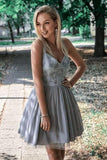 Gray V Neck Short Prom Dresses Straps Above Knee Homecoming Dress with Appliques H1142