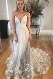 Grey V Neck Spaghetti Straps Beach Wedding Dresses Backless Tulle Appliques Bridal Dress W1047