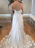 Grey V Neck Spaghetti Straps Beach Wedding Dresses Backless Tulle Appliques Bridal Dress W1047