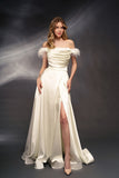 Off The Shoulder A Line Special Elegant Satin Long Wedding Dresses