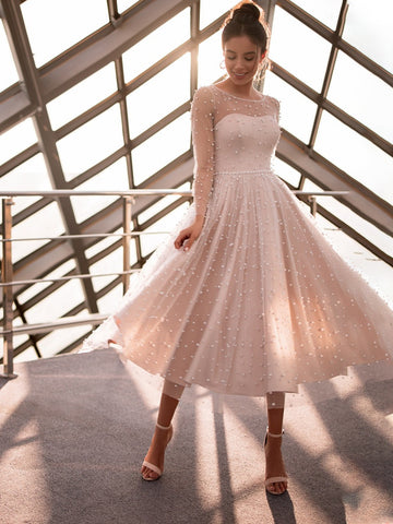 Elegant Long Sleeves Tea-Length High Quality Beautiful Prom Dresses Evening Dresses