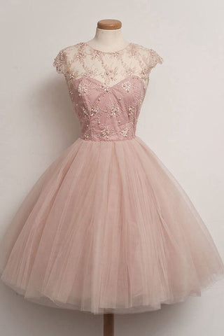 Pink Capped Sleeve Sheer Tulle Beading Short Homecoming Dresses