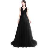 2024 New A-Line V-Neck Grey Tulle Beaded Long Sleeveless Backless Prom Dresses with Split JS884