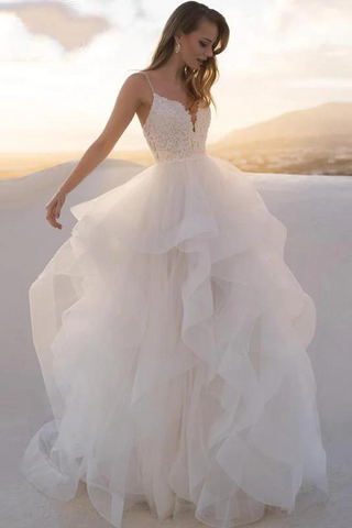 A-Line Princess Tulle Lace Cheap Backless Wedding Dresses