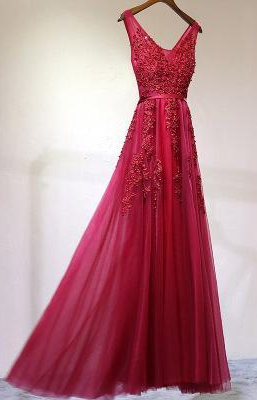 Red Appliques A-Line Floor-Length Scoop Lace up Cap Sleeve Beads Prom Dresses JS04