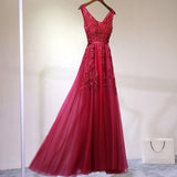 Red Appliques A-Line Floor-Length Scoop Lace up Cap Sleeve Beads Prom Dresses JS04