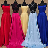 A Line Red Spaghetti Straps Open Back Prom Dresses With Slit Pockets