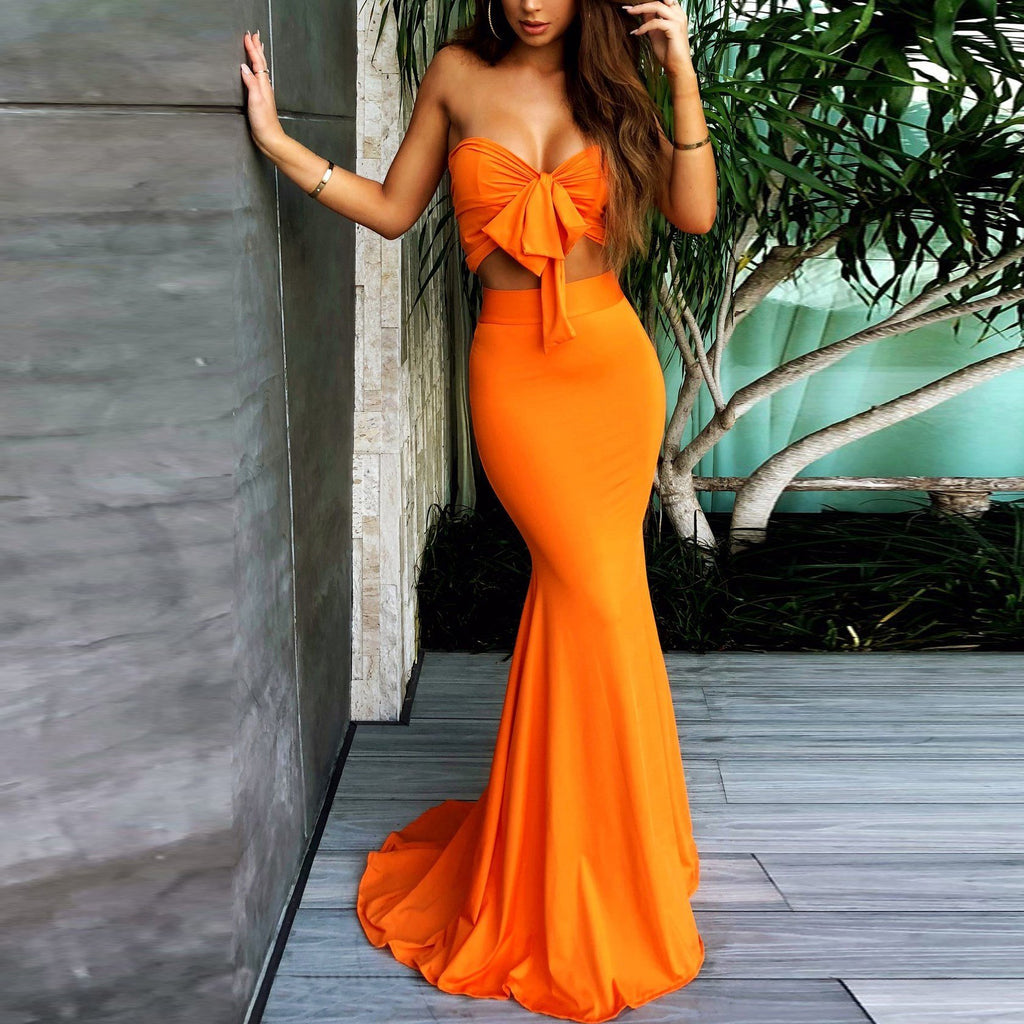 Orange Sweetheart Two Pieces Mermaid Sexy Long Bridesmaid Dresses Prom Dresses JS321