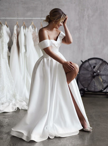 A-Line Satin Off-the-Shoulder Sleeveless Elegant Wedding Dresses
