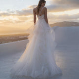 A-Line Princess Tulle Lace Cheap Backless Wedding Dresses