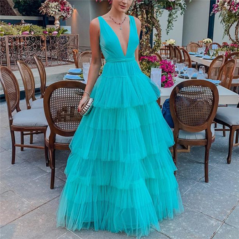 A-line Long Summer Fashion Beautiful Deep V Neck Tulle Prom Party Dresses