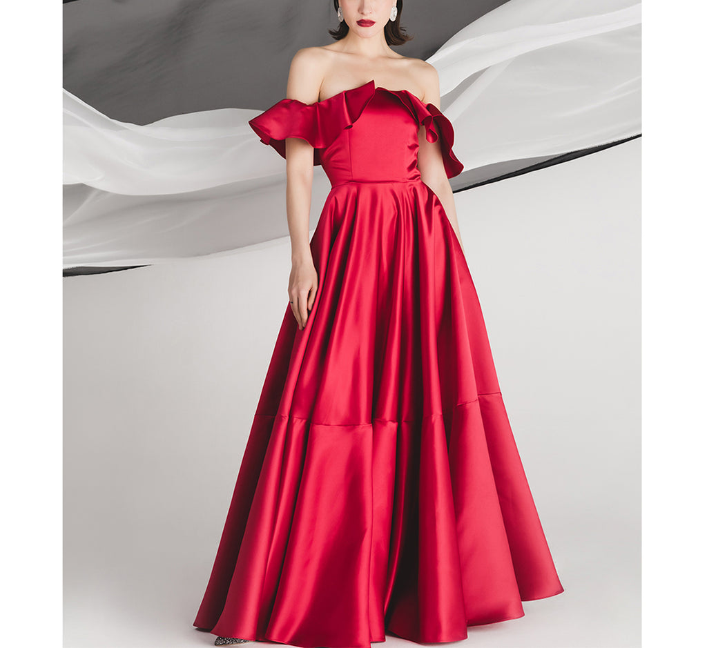 Satin Ruffle Off The Shoulder Special Prom Dresses Evening Dresses