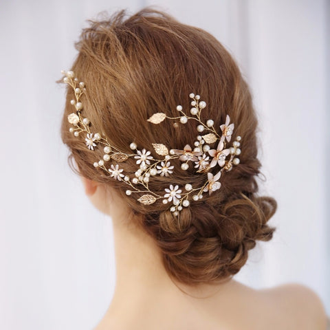 Gold Flower Crystal Pearl Bridal Headband Wedding Headpiece