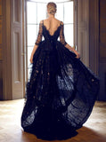 Elegant High Low Half Sleeves Sweetheart Black Backless Lace Evening Dresses JS820