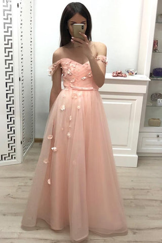 Off the Shoulder Sweetheart Tulle Prom Dresses Pleats Prom Gowns With Flowers JS903