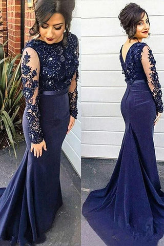 Mermaid Lace Scoop Navy Blue Beads High Neck Long Sleeve Plus Size Prom Dresses JS161