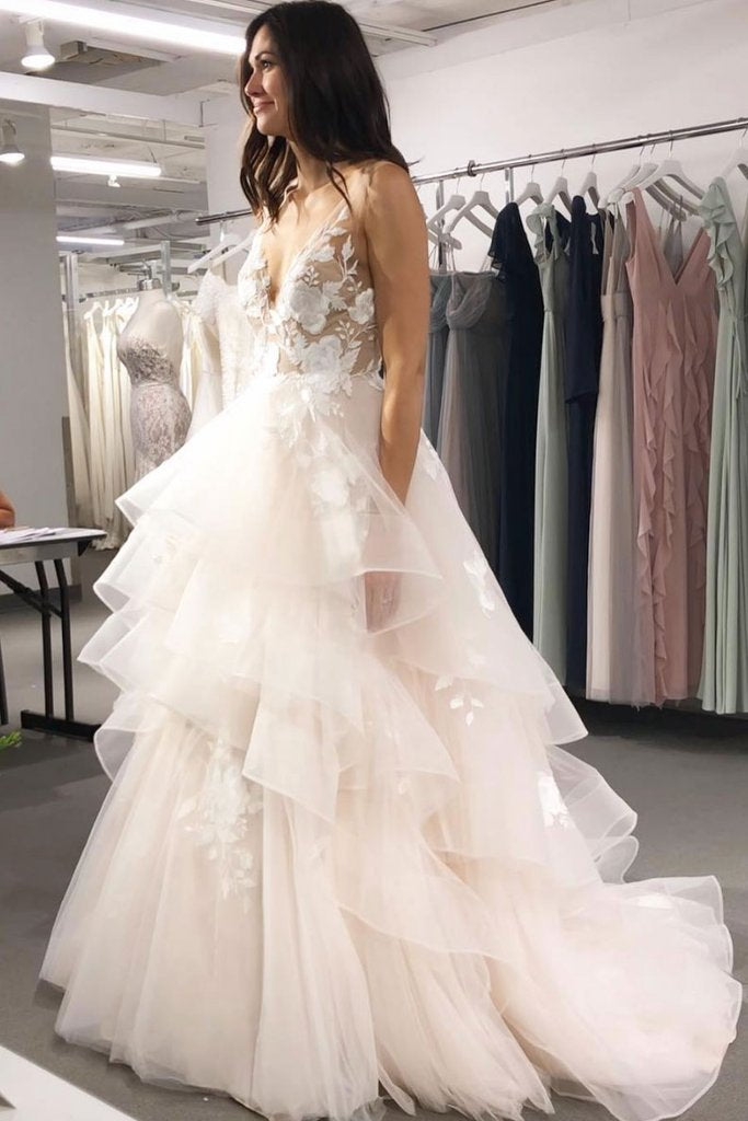 A Line V Neck Tulle Long Prom Dresses Asymmetrical Lace Appliques Party Dresses JS225