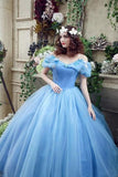 Elegant Ball Gown Off the Shoulder Blue Long Lace up Sweetheart Tulle Prom Dresses JS257
