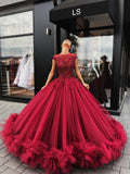 Red Tulle Appliques Ball Gown Round Neck Prom Dress Sweet 16 Dresses Quinceanera Dresses JS464