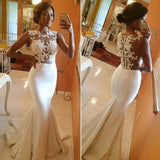 Lace Mermaid White Long Elegant Cap Sleeve Appliques High Neck Prom Dresses JS960