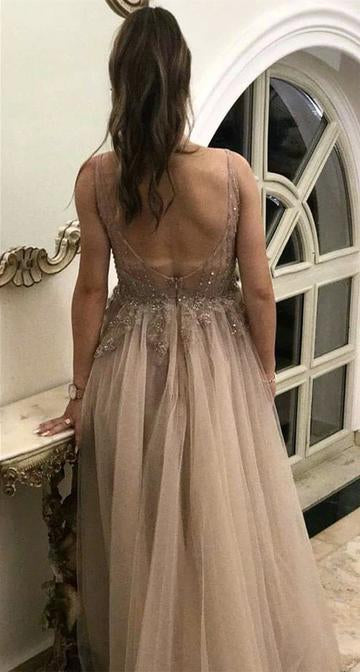 A Line V Neck Tulle Lace Appliques Backless Brown Sleeveless Prom Dresses JS83
