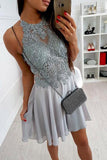 Cute Grey Chiffon Halter Lace Spaghetti Straps Short Criss-Cross Homecoming Dresses JS853