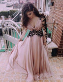 Deep V neck Prom Dress Fashion Long Sleeves Appliques Black And Pink Chiffon Prom Dress JS138