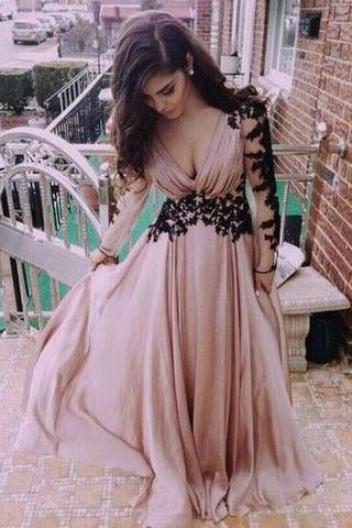 Deep V neck Prom Dress Fashion Long Sleeves Appliques Black And Pink Chiffon Prom Dress JS138