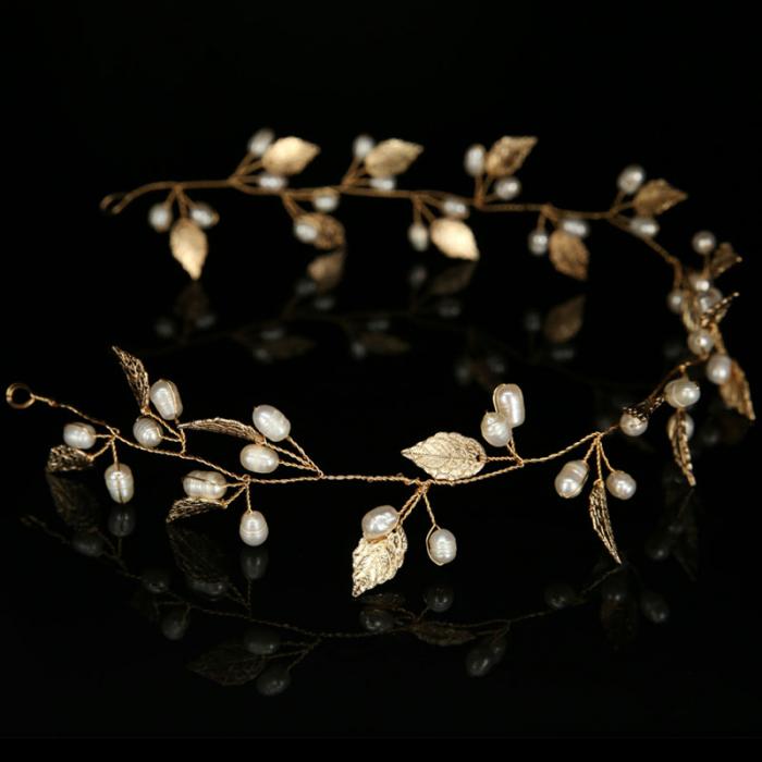 GETNOIVAS Gold Pearl Leaf Headband Tiaras de Noiva Bridal Hair Jewelry Headpiece