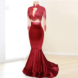 Elegant Long Sleeves Two Piece Mermaid High Neck Floor Length Prom Dresses JS780