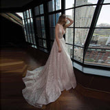 Honorable Deep V-Neck Court Train Pink Backless Prom Dresses with Sequins JS748