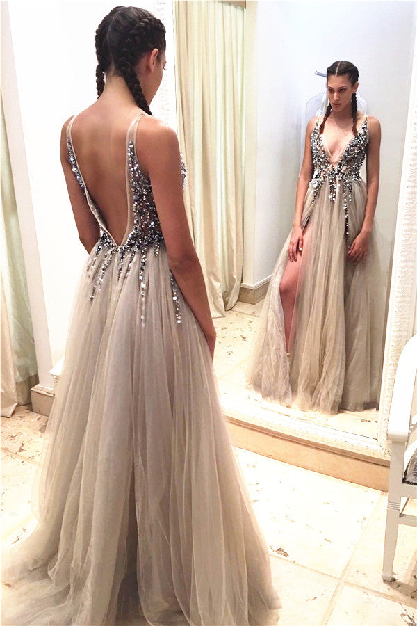 Elegant A Line Tulle Beads Deep V Neck Prom Dresses High Slit Ivory Evening Dresses JS562