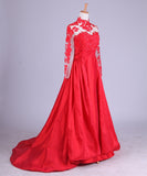 New Arrival Elegant Taffeta Applique Long Sleeve Empire Prom Gowns Evening Dresses JS857