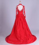 New Arrival Elegant Taffeta Applique Long Sleeve Empire Prom Gowns Evening Dresses JS857