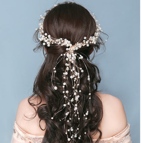 Handmade Crystal Pearl Long Tiaras Wedding Headband Headpiece