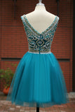 Blue Homecoming Dress Short Prom Gown Tulle Beads Open Back Homecoming Gowns JS910