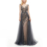 Elegant Mermaid V-Neck Sweep Train Grey Tulle Detachable Prom Dress with Beading JS652