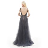 Elegant Mermaid V-Neck Sweep Train Grey Tulle Detachable Prom Dress with Beading JS652