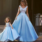 Charming Deep V Neck A Line Satin Prom Dresses with Appliques