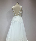 A Line 3D Flowers Deep V Neck Ivory Wedding Dresses Simple Boho Bridal Gowns